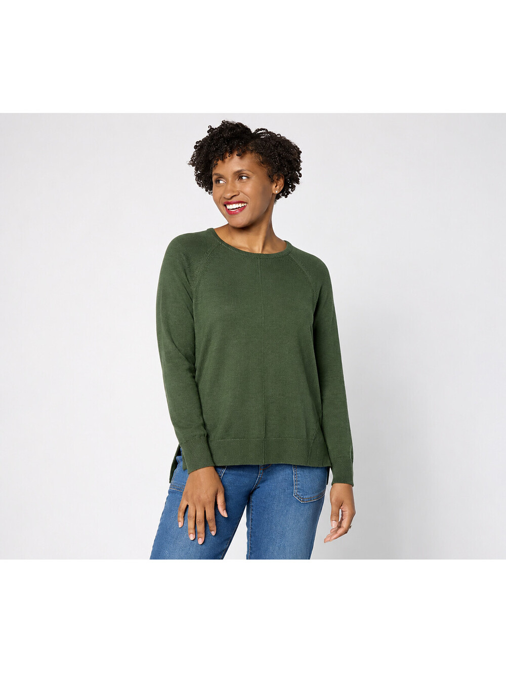 "As Is" LOGO by Lori Goldstein Cotton Raglan Sleeeve Sweater Deep Fern, Medium